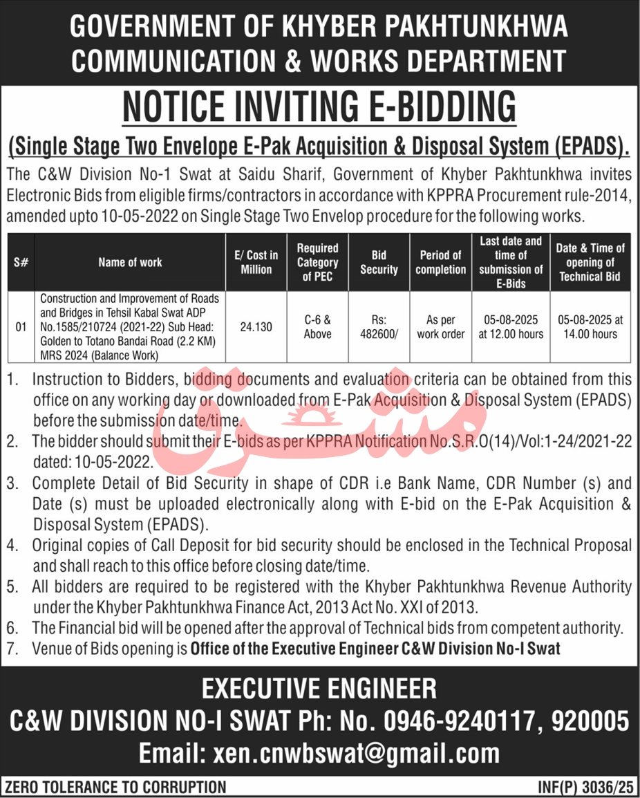 Communication & Works Department Swat Tender Notice-1